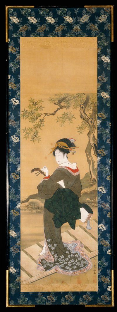 ベランダで三味線を調律する女性の全身像（スミ、ゴフン、シルクの色）。 作： Utagawa Toyokuni