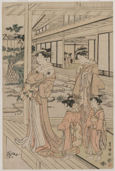 ベランダに立っている遊女、1790年代初頭。 作： Utagawa Toyokuni