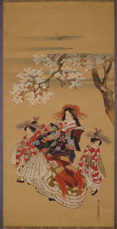 桜の下の遊女と二人の禿 作： 歌川豊国