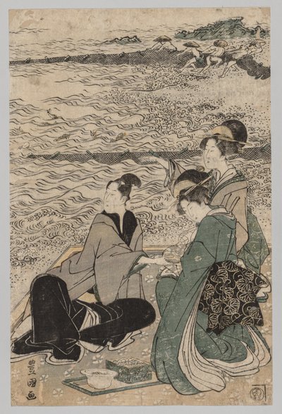 男と海の海岸で 2 人の女性 作： Utagawa Toyokuni