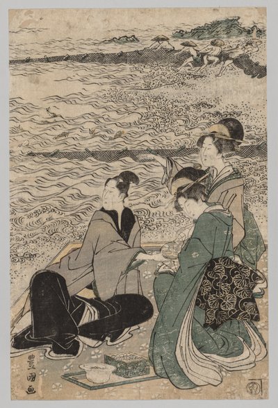 男と2人の女性、海の海岸、1769-1825。 作： Utagawa Toyokuni
