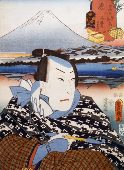 歌川豊国(1769-1825)の浮世絵「富士山前の歌舞伎役者の肖像」木版画 日本文明 江戸時代 作： Utagawa Toyokuni