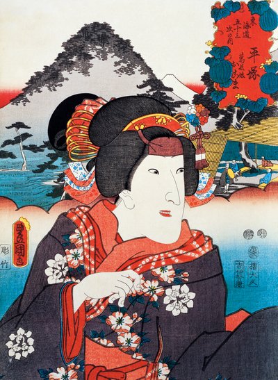 歌川豊国（1769-1825）の浮世絵「歌舞伎女優の肖像」木版画 日本文明・江戸時代 作： Utagawa Toyokuni