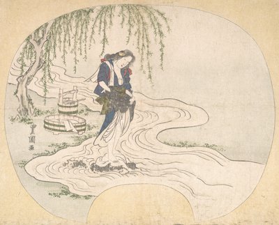 流れの中で岩の上に立ち、服を洗う女性（1828年頃 作： Utagawa Toyokuni II