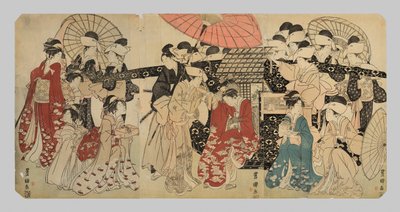駕籠から降りて従者を連れて旅をするお姫様 作： Utagawa Toyokuni I