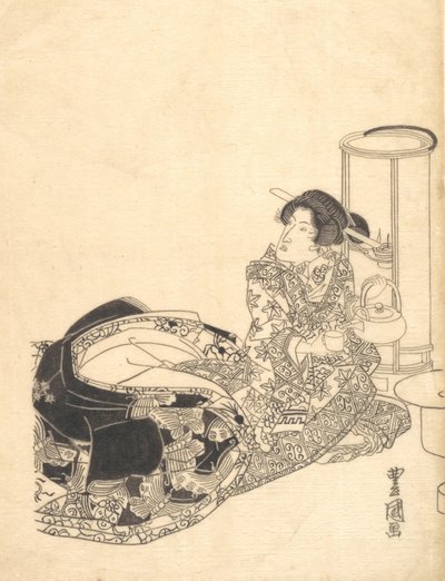 宮廷人または宮廷人役の俳優がランタンの光でお茶を注ぐ様子。 作： Utagawa Toyokuni I