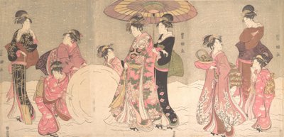 巨大な雪玉を作る娼婦と付添人、カリフォルニア州。 1796年。 作： Utagawa Toyokuni I