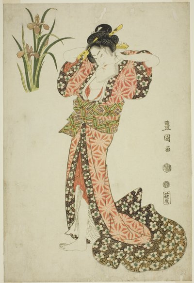 菖蒲：無題の美女と花のシリーズより、髪を整えた美女 作： Utagawa Toyokuni I