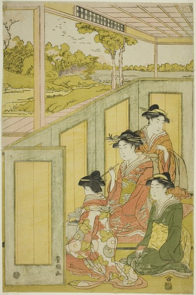 大名屋敷の屏風の向こうの女性たち 作： Utagawa Toyokuni I