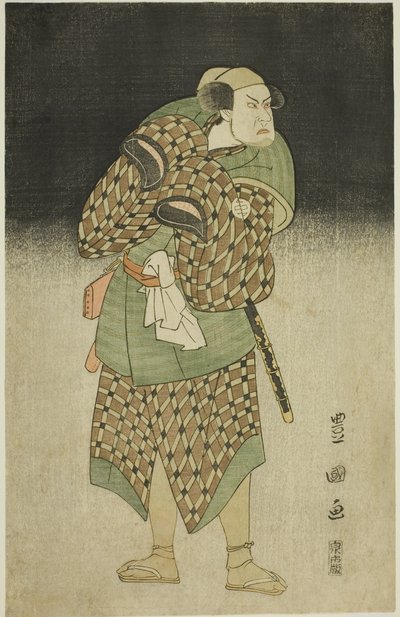 七代目片岡仁左衛門伊予太郎は十一月宮古劇場で上演された『清和二代お寄せ源氏』で番太郎に変装し、 作： Utagawa Toyokuni I