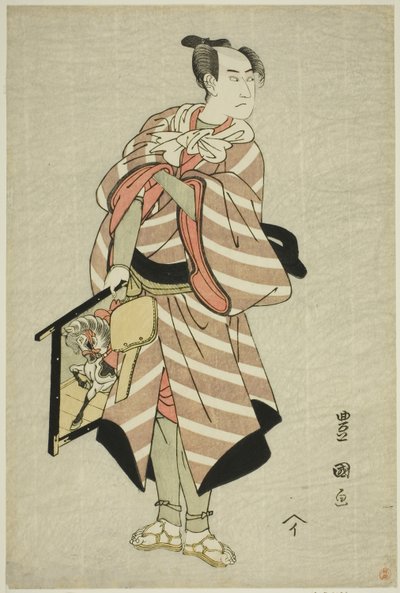 1797 年 11 月に桐劇場で上演された芝居「宮入り結びの紙垣」で、三代目沢村宗十郎が荷馬人むちぞうを演じた。 作： Utagawa Toyokuni I