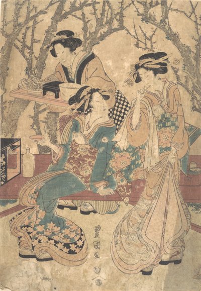 木の群れの前で食事をする 3 人の女性。 作： Utagawa Toyokuni I