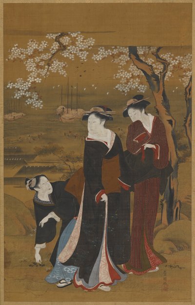 1769 年から 1825 年にかけて、海岸で開花した桜の木の下にいる 3 人の女性。 作： Utagawa Toyokuni I