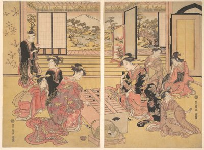 双六のゲームをプレイする 2 人の若い女性。 作： Utagawa Toyokuni I