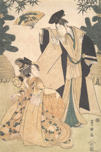 ドラムを持つ若い女性と彼女に敬礼するファンを持つ男。 作： Utagawa Toyokuni I