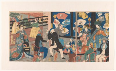 がんきろう茶屋で飲む外国人 五箇刻雁鬼郎に追って坂森の図 がんきろう茶屋で飲む五国外国人 作： Utagawa Yoshiiku