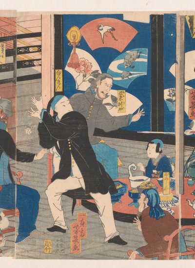 がんきろう茶屋で飲む外国人 作： Utagawa Yoshiiku