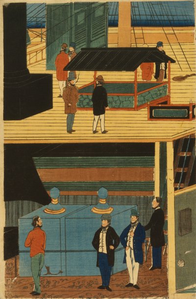 甲板の下に乗客のグループがあり、甲板で活動するアメリカの汽船 作： Utagawa Yoshikazu