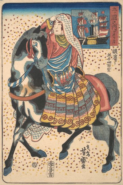 マウントされたアメリカ人女性、12 月、1860 年。 作： Utagawa Yoshimori