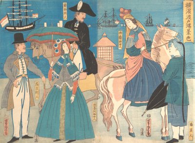 横浜の埠頭の眺め、2 月、1861 年。 作： Utagawa Yoshitora