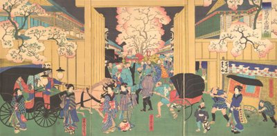 新島原の夜桜、19世紀。 作： Utagawa Yoshitora