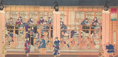 1872 年 4 月、東京の築地に輸入された繰糸機。 作： Utagawa Yoshitora