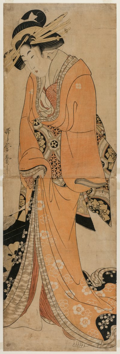 三味線ケースのそばに立つ芸者、c。 1810年。 作： Utamaro II