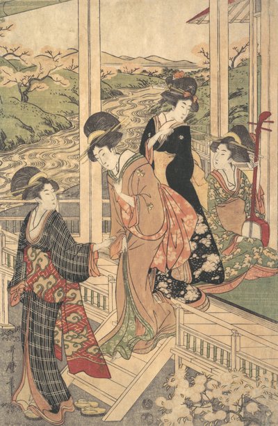 田舎の家の縁側にいる女性たちのグループ、桜の咲く頃に...、1806年頃。 作： Utamaro II