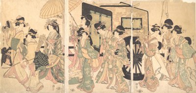 カートを囲む女性。 作： Utamaro II