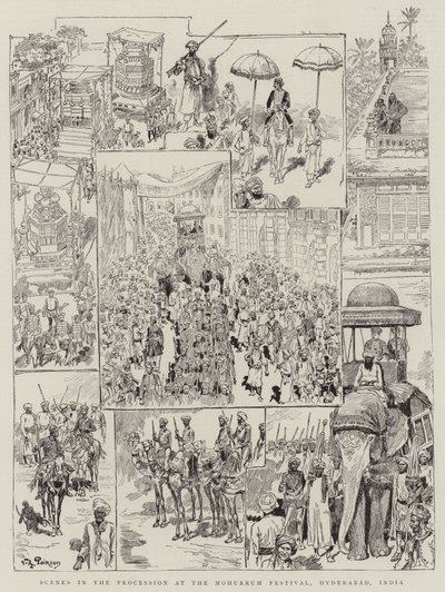 インド、ハイデラバード、モハーラムフェスティバルの行列のシーン 作： Victor Armand Poirson