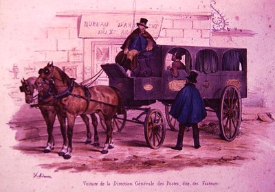郵便局本部の馬車、別名「郵便配達人の馬車」、パリ 作： V. (after) Adam