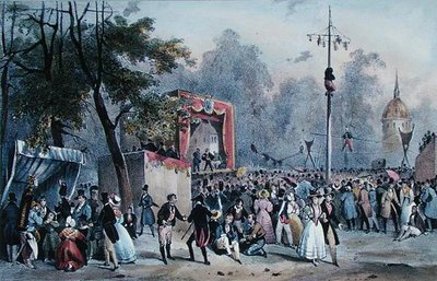 パリ、シャンゼリゼ通りの「王の祭り」、ルメルシエの彫刻、1820年頃（カラーリトグラフ） 作： V. (after) Adam