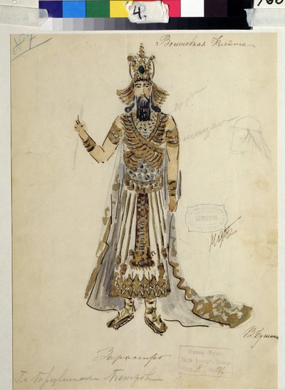 ヴォルフガング・アマデウス・モーツァルト（1756-1791）のオペラ「魔笛」の衣装デザイン（モーツァルトのオペラ「魔笛」の衣装デザイン）。 V.Bushina の作品 (19 世紀初頭)。 紙に水彩、ガッシュ、金 作： V. Bushina