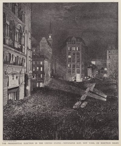 1892年11月8日、アメリカ大統領選挙の夜のニューヨークの新聞売り場（リトグラフ 作： V. Perard