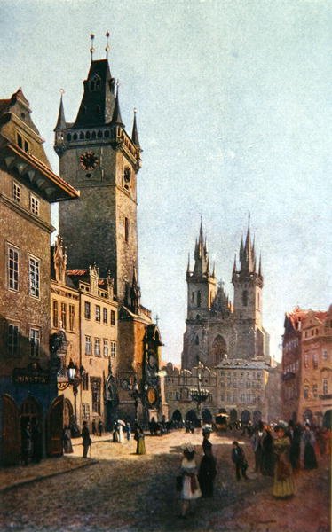 1900年頃、「スタラ・プラハ」から市庁舎と聖母マリア教会を含むスタロメストスキー・リンクの眺め（カラーリトグラフ版 作： Vaclav Jansa