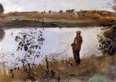 アーティストのKonstantin Korovin氏が川岸で 作： Valentin Aleksandrovich Serov