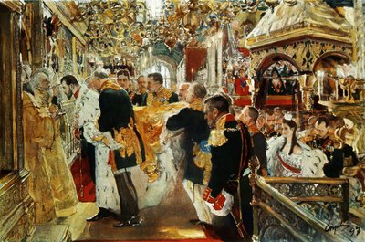 1894 年にロシアの皇帝 (皇帝) ニコラス 2 世の戴冠式。ヴァレンティン セロフ (1 月 19 日) 作： Valentin Aleksandrovich Serov