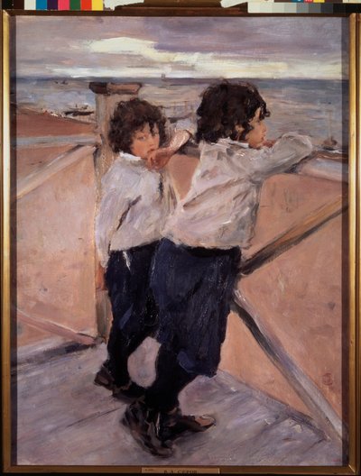 子供。 (バルト海の前で、木製のポンツーンに乗った 2 人の兄弟)。 Valentin Alexandrovich Serov（1865-1911）による絵画、キャンバスに油彩 作： Valentin Aleksandrovich Serov