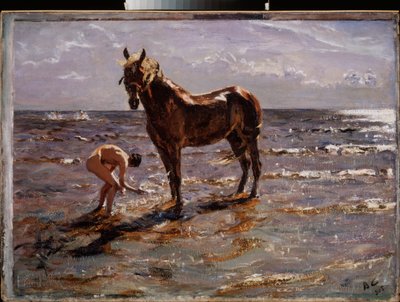 馬のお風呂。 (若い裸の男が馬に水しぶきを上げ、他の 2 人の人物が海に飛び出します)。 Valentin Alexandrovich Serov（1865-1911）による絵画、キャンバスに油彩 作： Valentin Aleksandrovich Serov