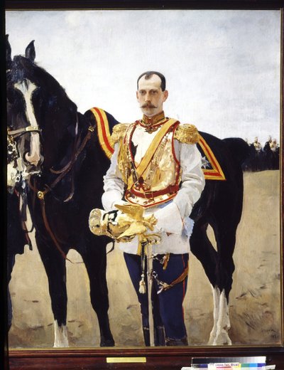 ロシアのパウル・アレクサンドロヴィッチ大公（1860年～1919年）の肖像画。 (ロシアのパウル・アレクサンドロヴィチ大公の肖像)。 彼の馬の近くで、帝国ロシア軍の騎兵隊の将校の制服を着ています。 Valentin Alexandrovich Serovによる絵画（ 作： Valentin Aleksandrovich Serov