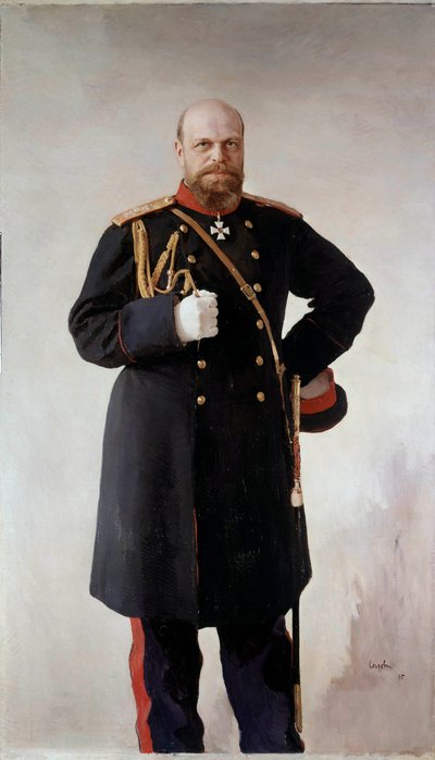 ロシア皇帝アレクサンドル3世(1845-1895)の足元の肖像 ヴァレンティン・セロフ(1865-1911)の絵画 1895年 St.Chateau De Peterhof - ロシア皇帝アレクサンドル3世(1845-1895)の全身像。ヴァレンティン・セロフ（1865-1911）による絵画 作： Valentin Aleksandrovich Serov