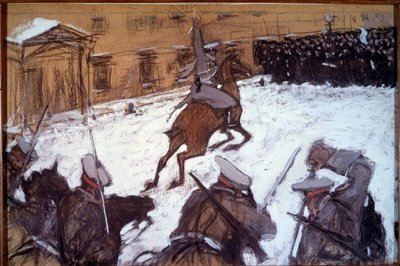 サンクトペテルブルクの赤い日曜日（血の日曜日）。「1905年1月22日、冬の宮殿の前で平和的に抗議しに来たグレヴィストに対して、皇帝ニコライ2世の騎兵隊が突撃した。 作： Valentin Aleksandrovich Serov