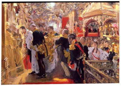 「被昇天大聖堂での皇帝ニコラス 2 世の戴冠式」、1896 年 作： Valentin Serov