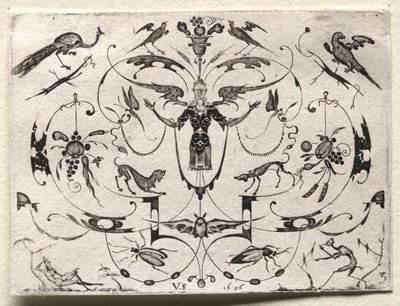 孔雀、インコ、犬、昆虫のアラベスク、1626年。 作： Valentin Sezenius