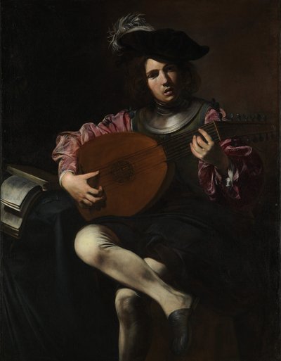 リュート奏者、c.1625-26（帆布に油彩） 作： Valentin de Boulogne