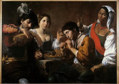 キャバレーでの出会い ヴァレンティン・ド・ブローニュ(1591-1632)の絵画 17世紀 日0.96×1.33m 作： Valentin de Boulogne