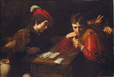 ヴァレンティン・ド・ブーローニュ（1591-1632）の「カードハープ」。油彩・キャンバス、1615年頃。寸法：94.5x137cmドレスデン国立美術コレクション 作： Valentin de Boulogne
