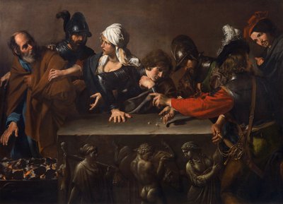 ヴァランタン・ド・ブローニュ（1591-1632）作「聖ペテロの否認」。油彩・キャンバス、1616-1617年頃。寸法：171.5x241 cm。ロベルト・ロンギ美術史研究財団、フィレンツェ 作： Valentin de Boulogne