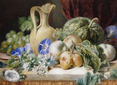 水差し、リンゴ、プラム、ブドウ、花のある静物、 作： Valentine Bartholomew