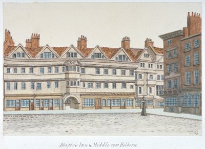 1850 年、ロンドン、ホルボーンの中心部にあるステープル インとミドル ロウの建物の眺め。 作： Valentine Davis